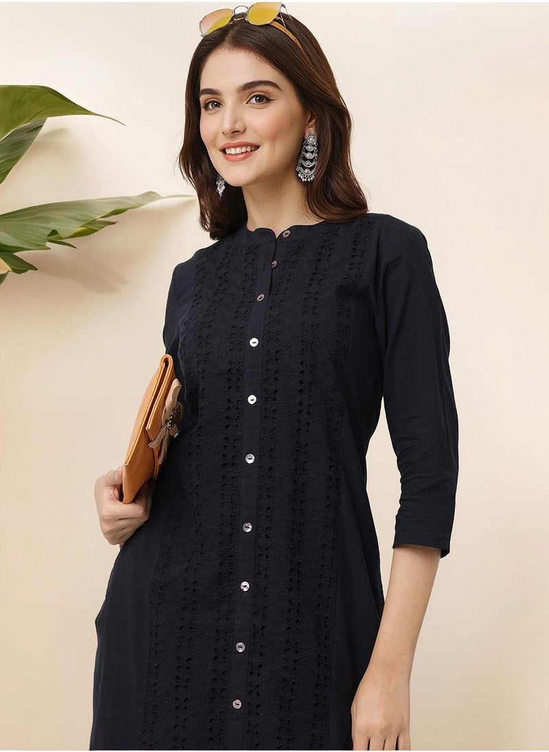 Regular Fit Three-Quarter Sleeve Printed Black Cotton Woven Kurta Set For Women Flat Collar Perfect For Wedding And Engagement Pull On Closure