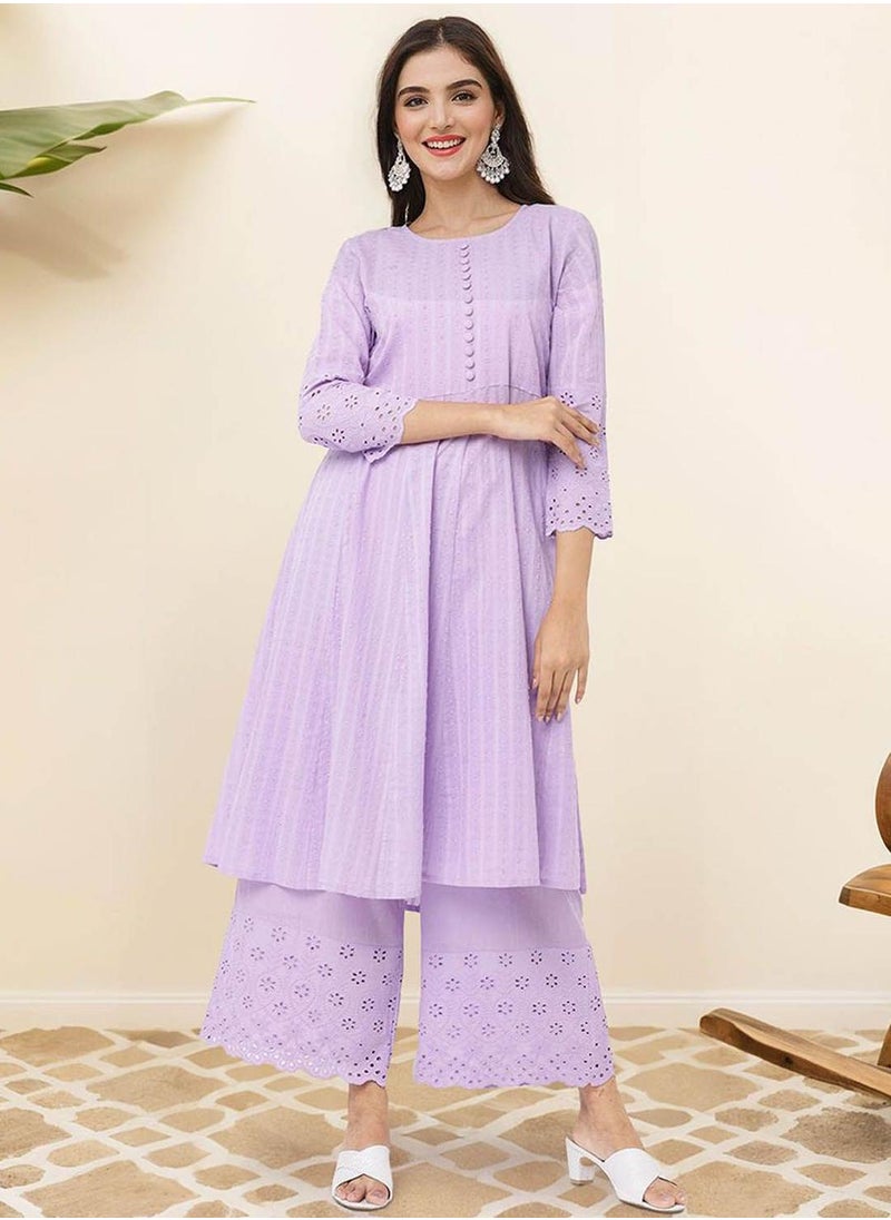 Regular Fit Three-Quarter Sleeve Printed Lilac Cotton Woven Kurta Set For Women Flat Collar Perfect For Wedding And Engagement Pull On Closure