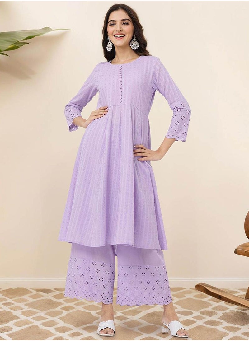 Regular Fit Three-Quarter Sleeve Printed Lilac Cotton Woven Kurta Set For Women Flat Collar Perfect For Wedding And Engagement Pull On Closure