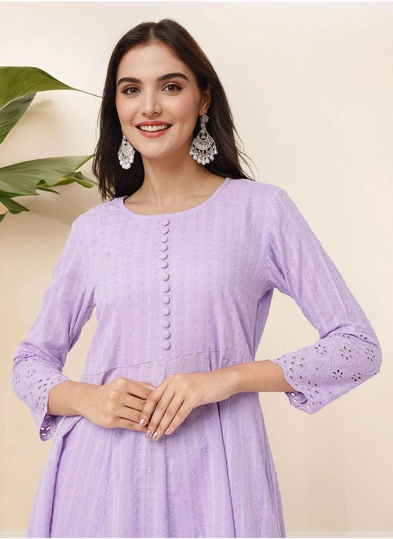 Regular Fit Three-Quarter Sleeve Printed Lilac Cotton Woven Kurta Set For Women Flat Collar Perfect For Wedding And Engagement Pull On Closure