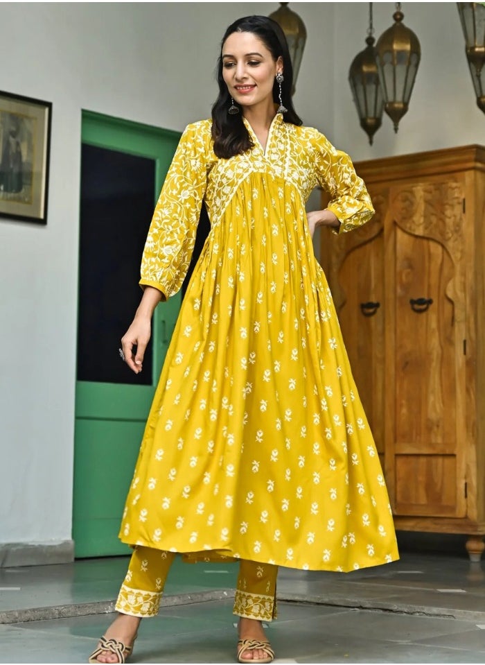 Mustard Floral Jaal V-Neck Kurta & Pant Set