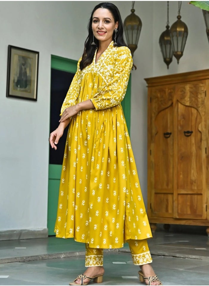 Mustard Floral Jaal V-Neck Kurta & Pant Set