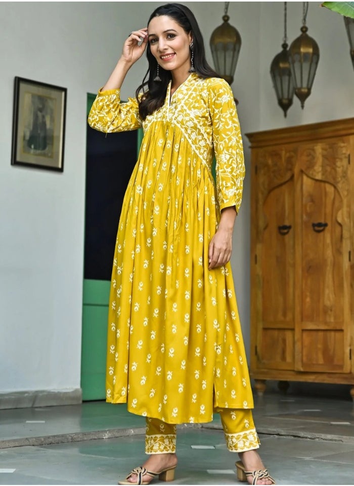 Mustard Floral Jaal V-Neck Kurta & Pant Set