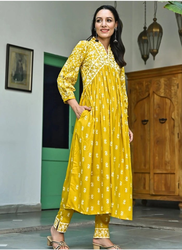 Mustard Floral Jaal V-Neck Kurta & Pant Set