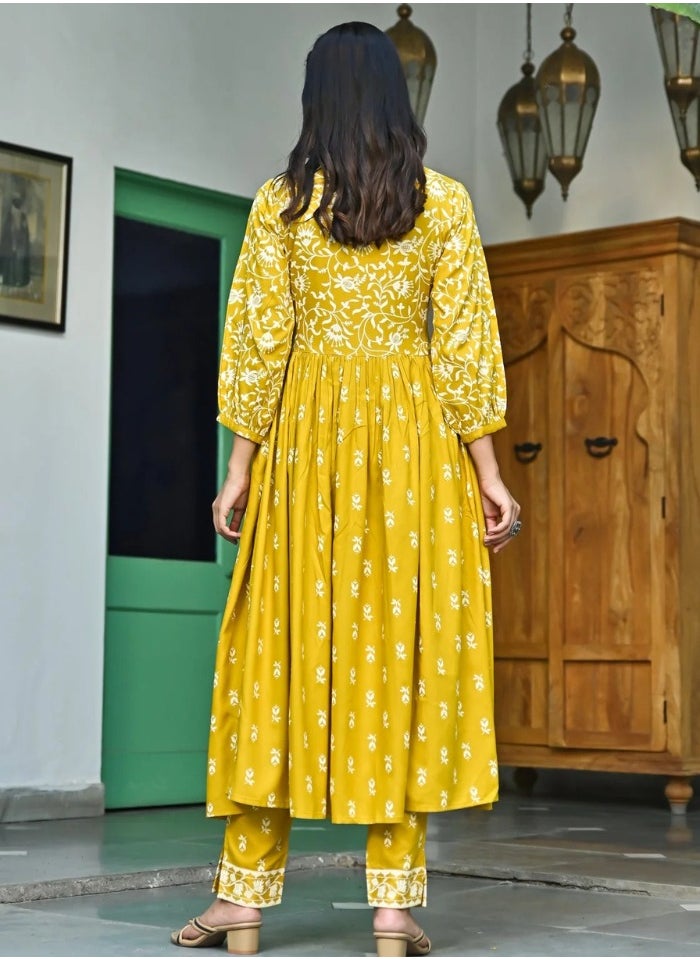 Mustard Floral Jaal V-Neck Kurta & Pant Set