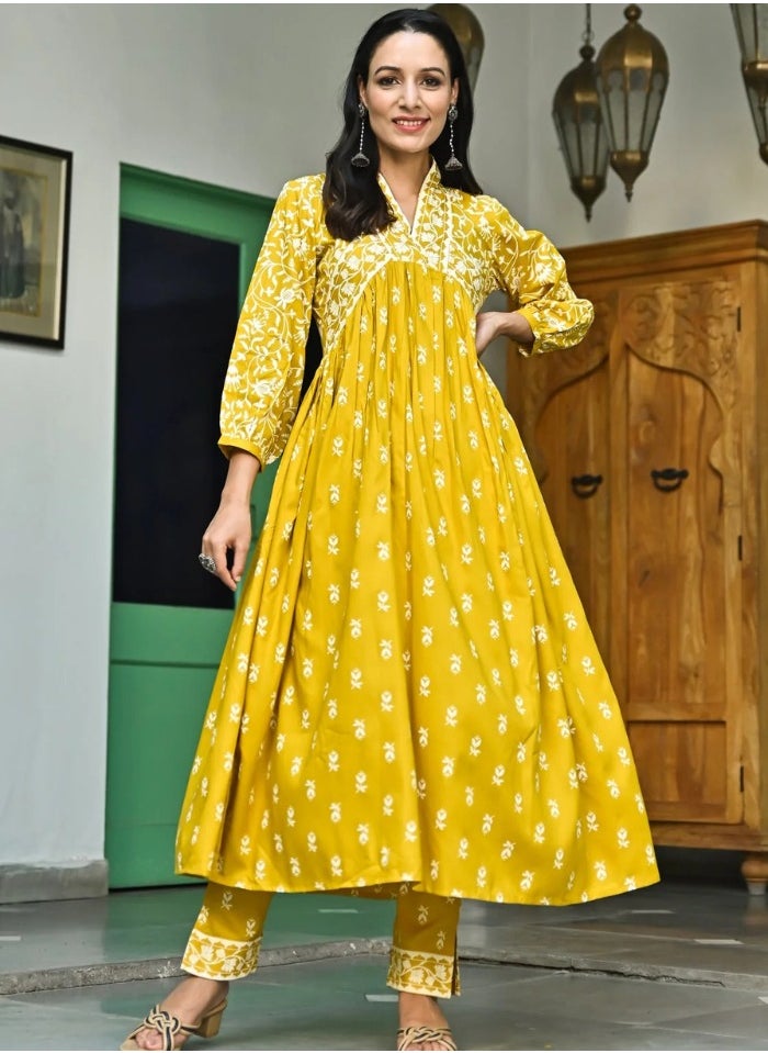 Mustard Floral Jaal V-Neck Kurta & Pant Set