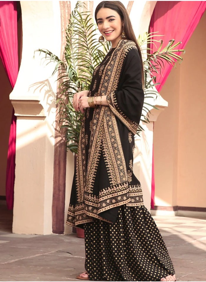 Black Festive Gold Gharara Kurta Dupatta Set