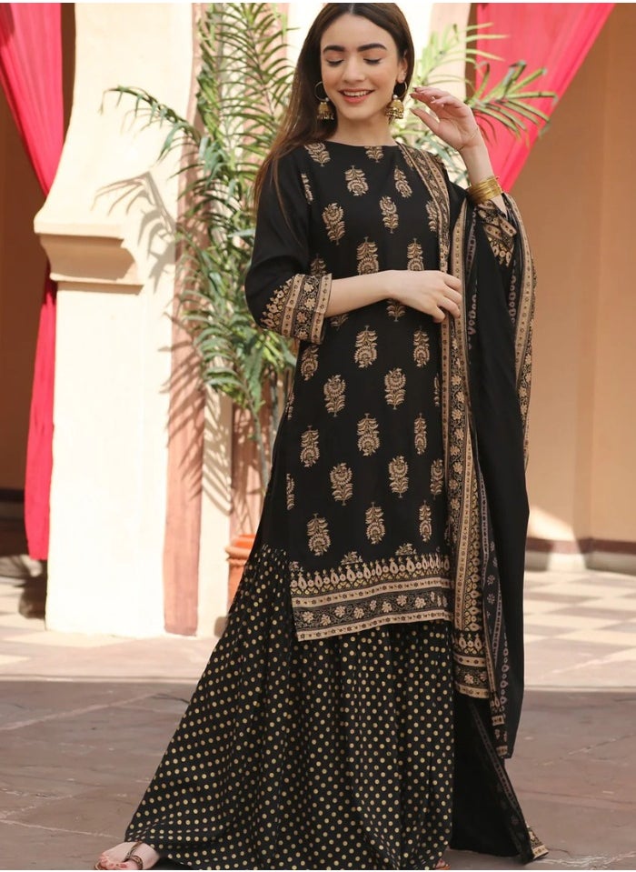 Black Festive Gold Gharara Kurta Dupatta Set