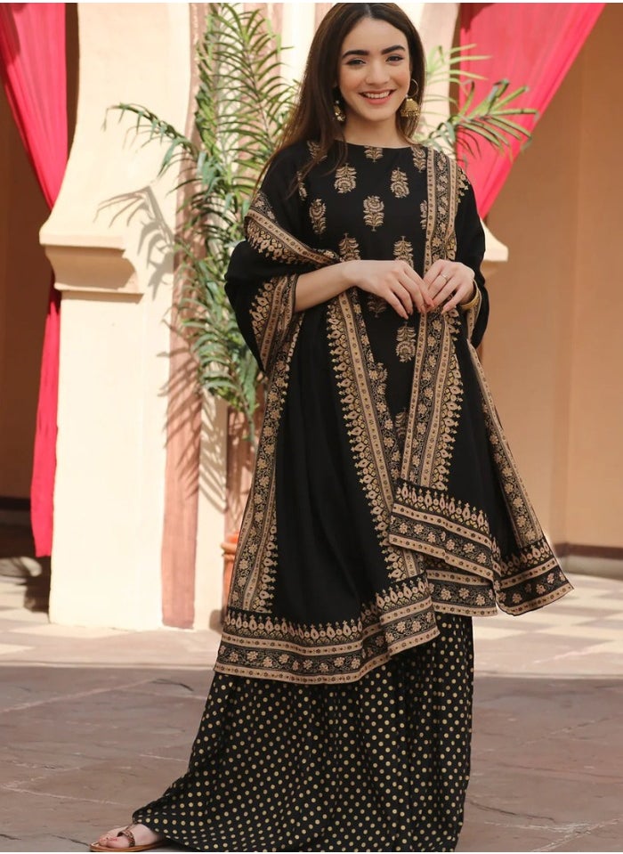 Black Festive Gold Gharara Kurta Dupatta Set