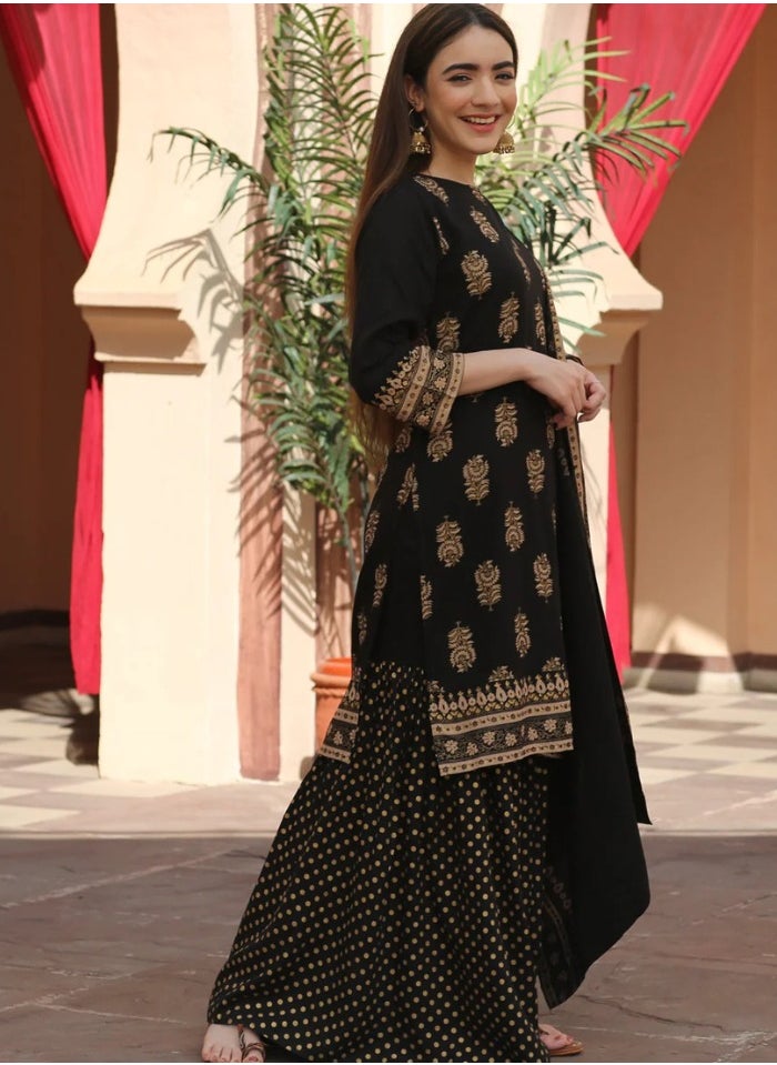 Black Festive Gold Gharara Kurta Dupatta Set