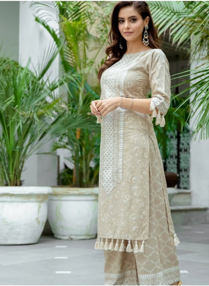 Beige Tassel Detailed Kurta Palazzo Set