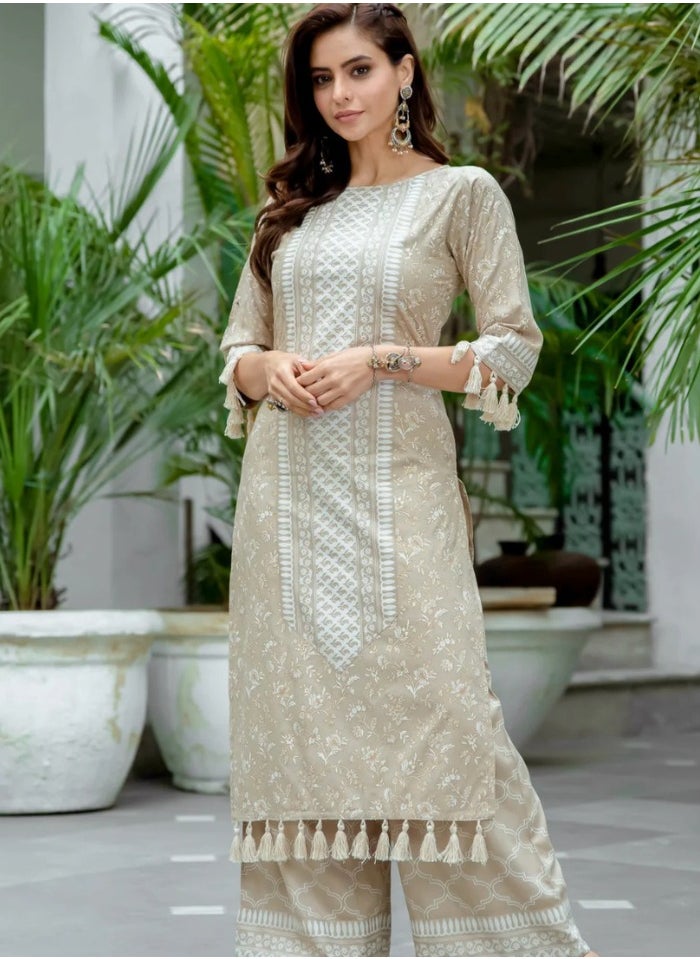 Beige Tassel Detailed Kurta Palazzo Set