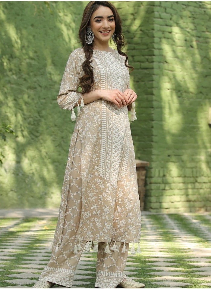 Beige Tassel Detailed Kurta Palazzo Set