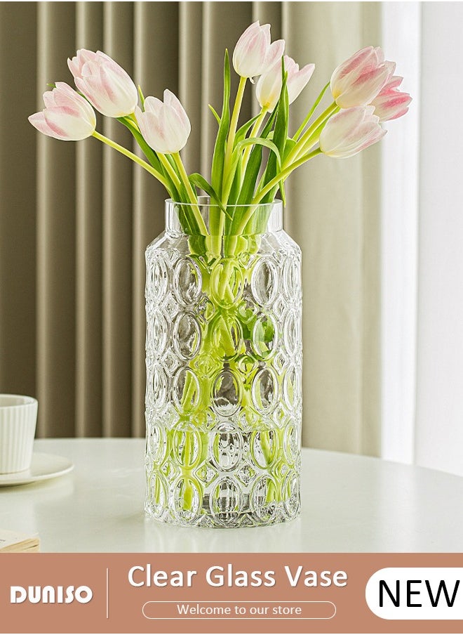 Clear Glass Vase, Modern Decorative Vase, Large Irregular Shape Vintage Flower Vase, Minimalist Ins Style Embossed Glass Vase for Wedding Table Decorations Centerpieces, Crystal Vase for Living Room, Bedroom, Kitchen, Dining Table, Mantle