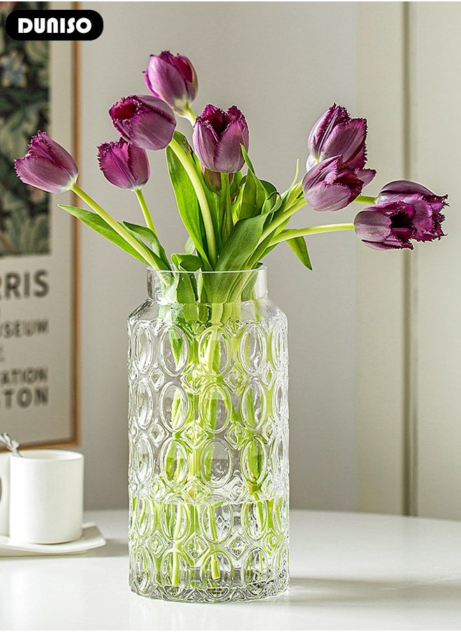 Clear Glass Vase, Modern Decorative Vase, Large Irregular Shape Vintage Flower Vase, Minimalist Ins Style Embossed Glass Vase for Wedding Table Decorations Centerpieces, Crystal Vase for Living Room, Bedroom, Kitchen, Dining Table, Mantle