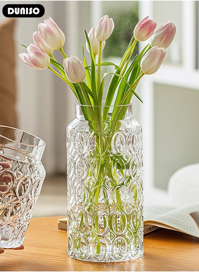 Clear Glass Vase, Modern Decorative Vase, Large Irregular Shape Vintage Flower Vase, Minimalist Ins Style Embossed Glass Vase for Wedding Table Decorations Centerpieces, Crystal Vase for Living Room, Bedroom, Kitchen, Dining Table, Mantle