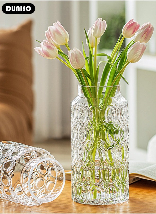 Clear Glass Vase, Modern Decorative Vase, Large Irregular Shape Vintage Flower Vase, Minimalist Ins Style Embossed Glass Vase for Wedding Table Decorations Centerpieces, Crystal Vase for Living Room, Bedroom, Kitchen, Dining Table, Mantle