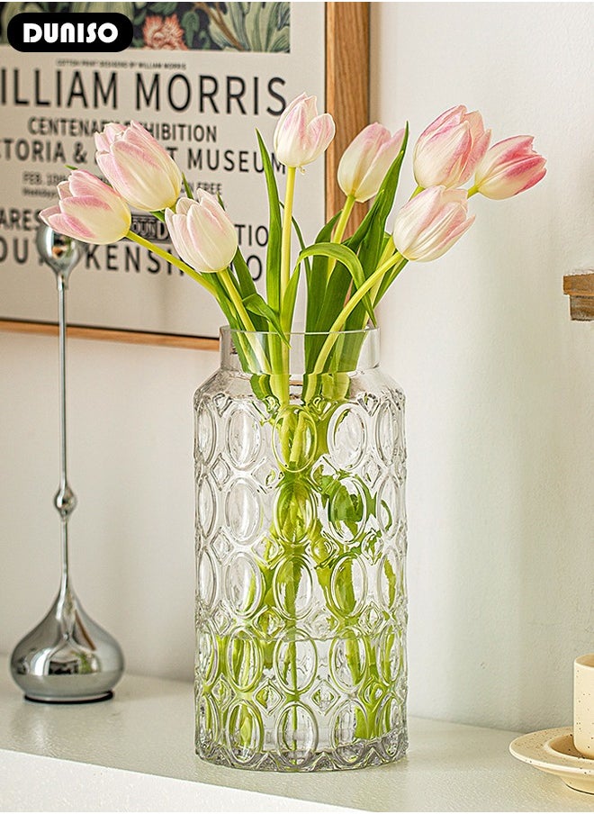 Clear Glass Vase, Modern Decorative Vase, Large Irregular Shape Vintage Flower Vase, Minimalist Ins Style Embossed Glass Vase for Wedding Table Decorations Centerpieces, Crystal Vase for Living Room, Bedroom, Kitchen, Dining Table, Mantle
