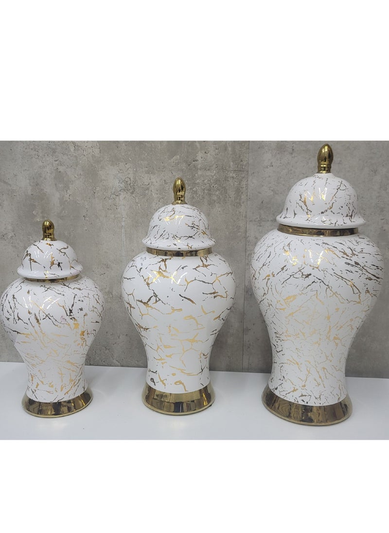 Gold & White Marble Print Ceramic Ginger Jar Vases – Elegant Temple Jar with Lid, Flower Vase, Decorative Tea Canister & Storage Container for Home, Office, Kitchen, Shelf & Living Room Décor