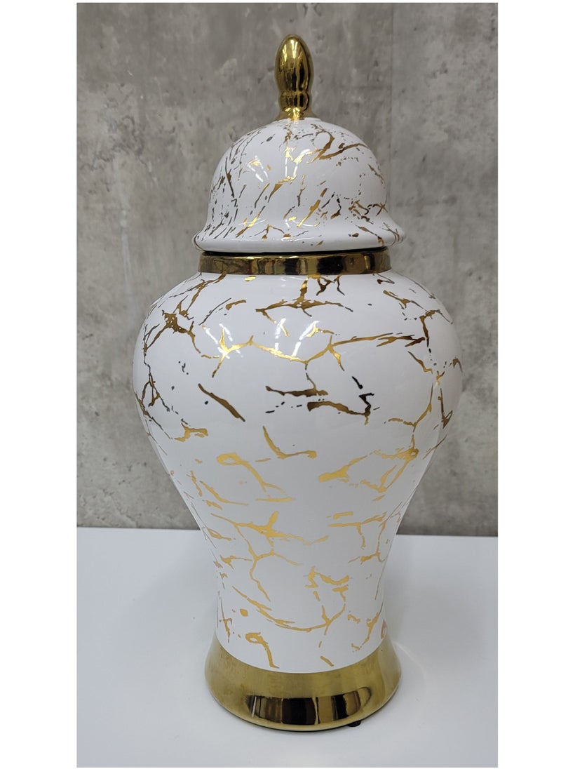 Gold & White Marble Print Ceramic Ginger Jar Vases – Elegant Temple Jar with Lid, Flower Vase, Decorative Tea Canister & Storage Container for Home, Office, Kitchen, Shelf & Living Room Décor