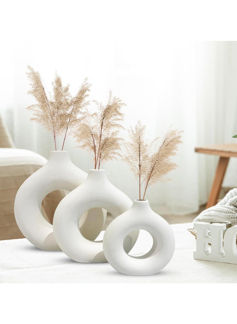 3 Pcs Set White Ceramic Nordic Style Donut Shaped Vases - Minimalist Round Decorative Vases for Flowers, Pampas Grass, and Succulents - Perfect for Modern Home Decor, Centerpieces