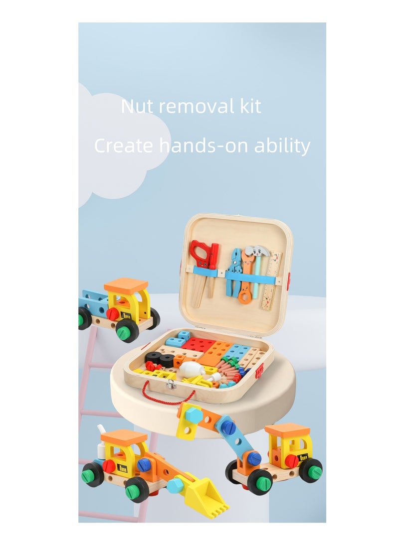 Wooden children's portable tool box for screw tightening, disassembly and repair DIY multi-functional toy for boys' pretend play, an educational toy for children. DIY screw assembly set for children, portable design, multi-functional, large capacity, skill cultivation for hands-on practice, suitable for boys aged 3 to 10 as a birthday gift set.