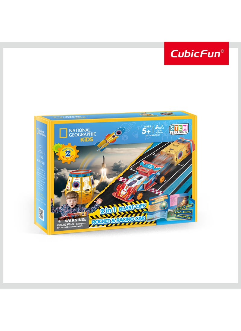 National Geographic 3D Puzzle 2-in-1 Blast-Off Rocket & Racing Car 59 Pieces | Building Kit | With Booklet | For Adults and Children