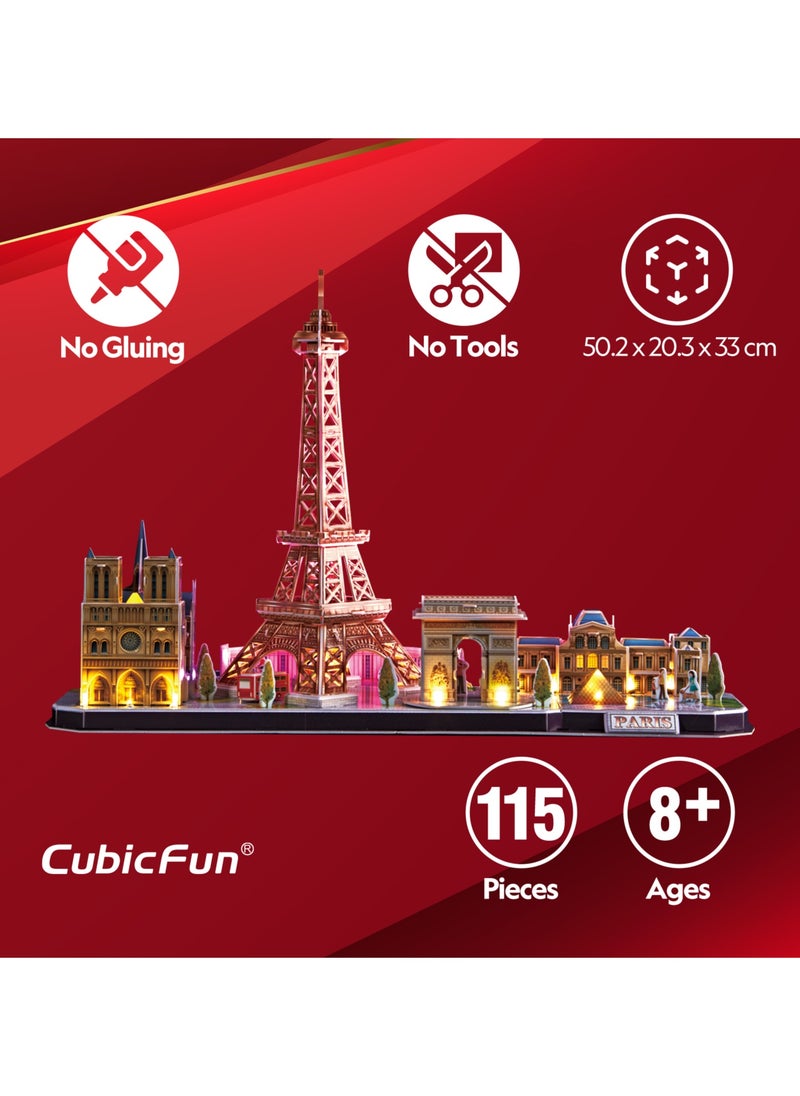 CubicFun 3D LED Puzzles City Line Paris 115-Pieces, Battery Operated | Building Kit | For Adult and Children