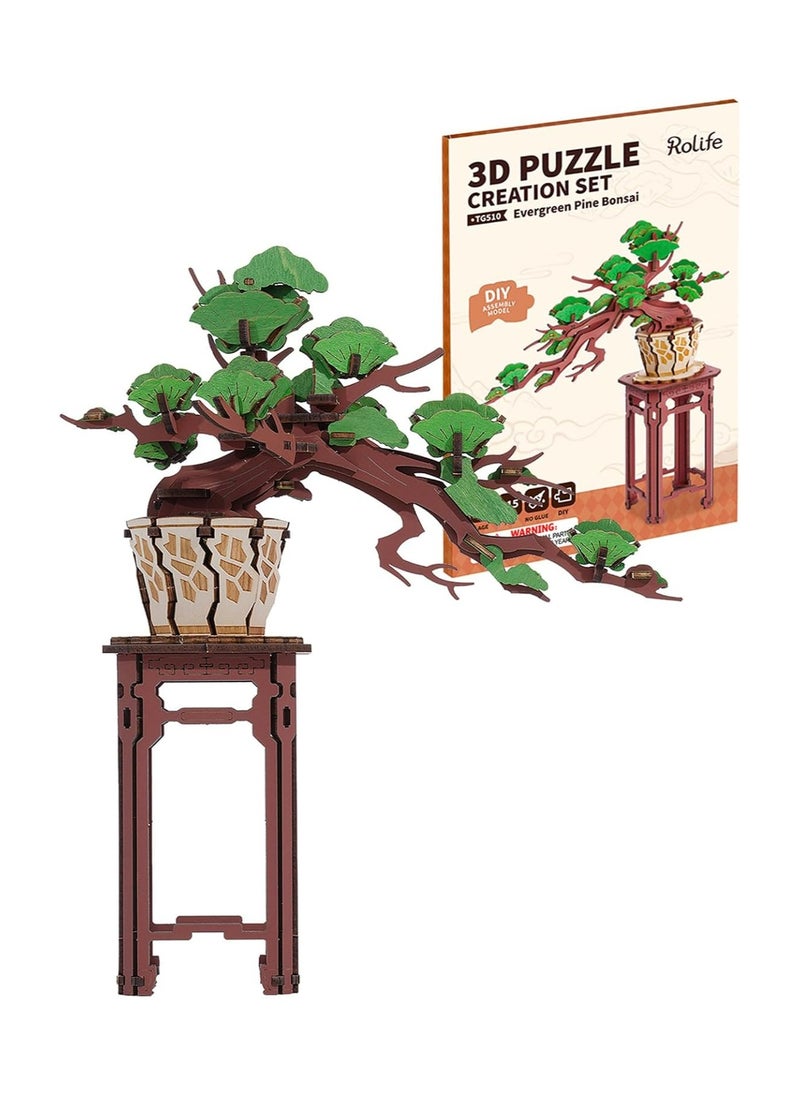 Rolife Evergreen Pine Bonsai DIY Wooden 3D Puzzle TG510 Premium 3D Puzzle Building Kits for Adults & Teens - Decorative Home Décor, Ramadan & Holiday Gift (Eid and Birthday) for Puzzle Enthusiasts, Stress Relief STEM Project