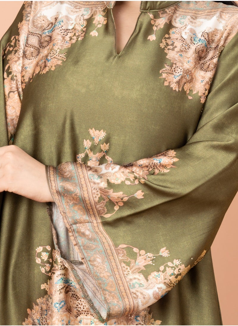 Mandarin Collar Printed Jalabiya IK1011 Green