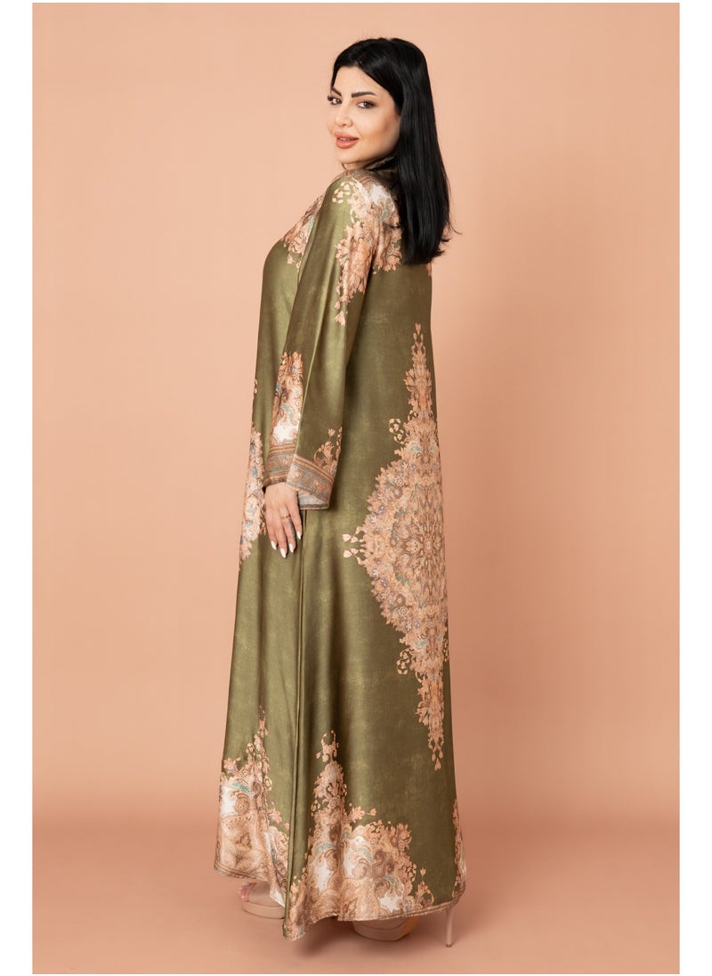Mandarin Collar Printed Jalabiya IK1011 Green