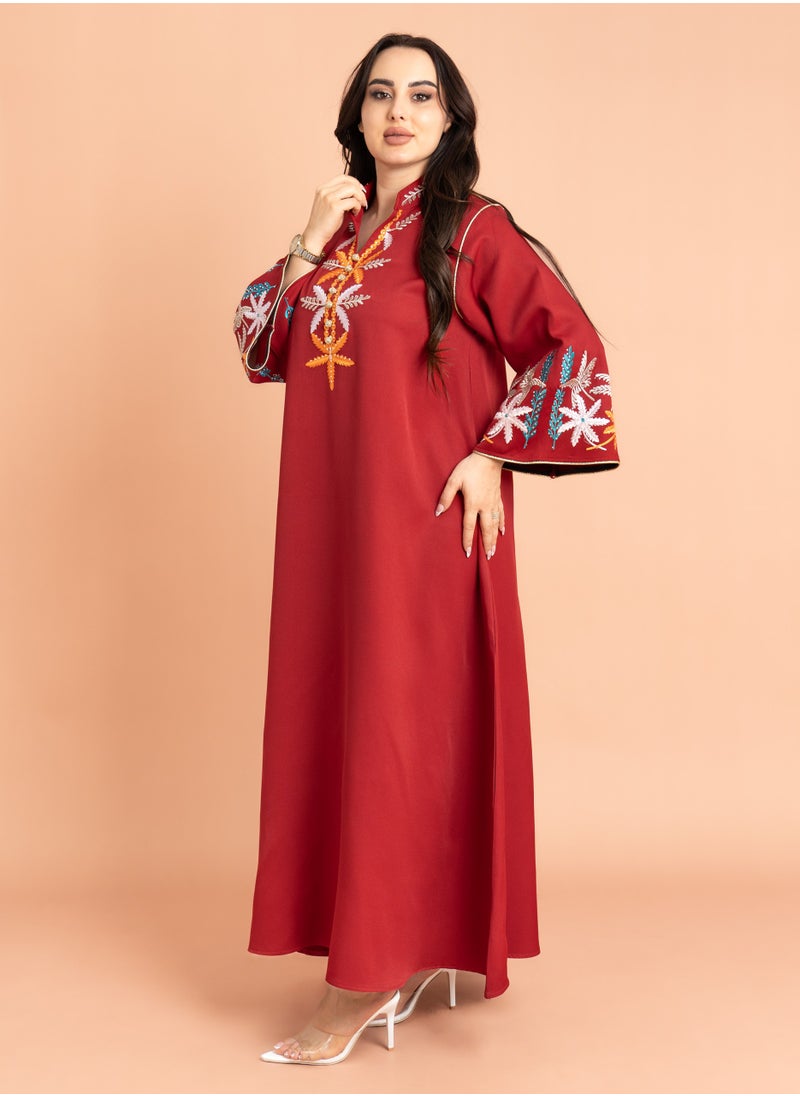 Solid Embroidery Elegant Jalabiya Maroon