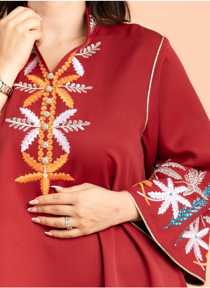Solid Embroidery Elegant Jalabiya Maroon