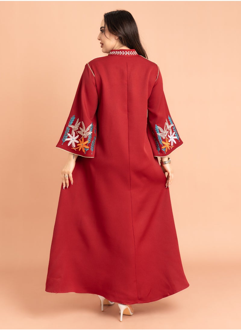 Solid Embroidery Elegant Jalabiya Maroon