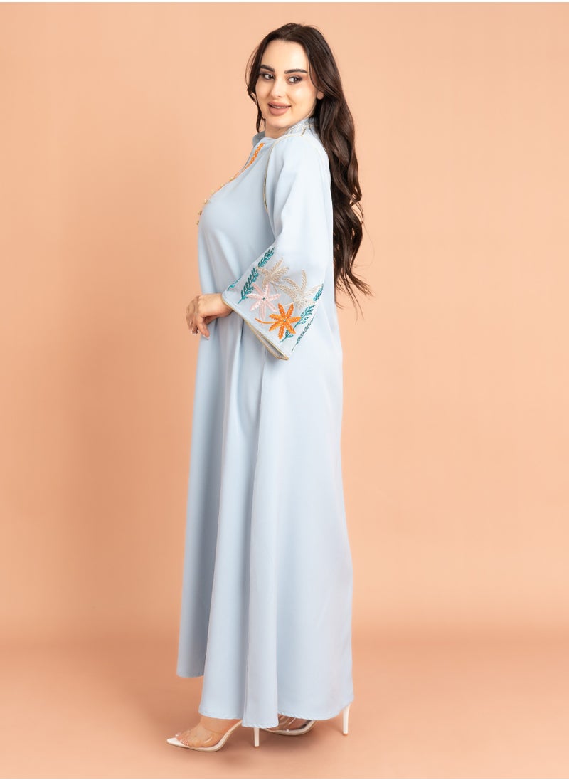 Solid Embroidery Elegant Jalabiya Sky Blue