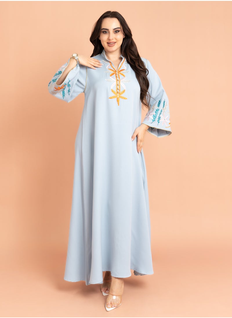 Solid Embroidery Elegant Jalabiya Sky Blue