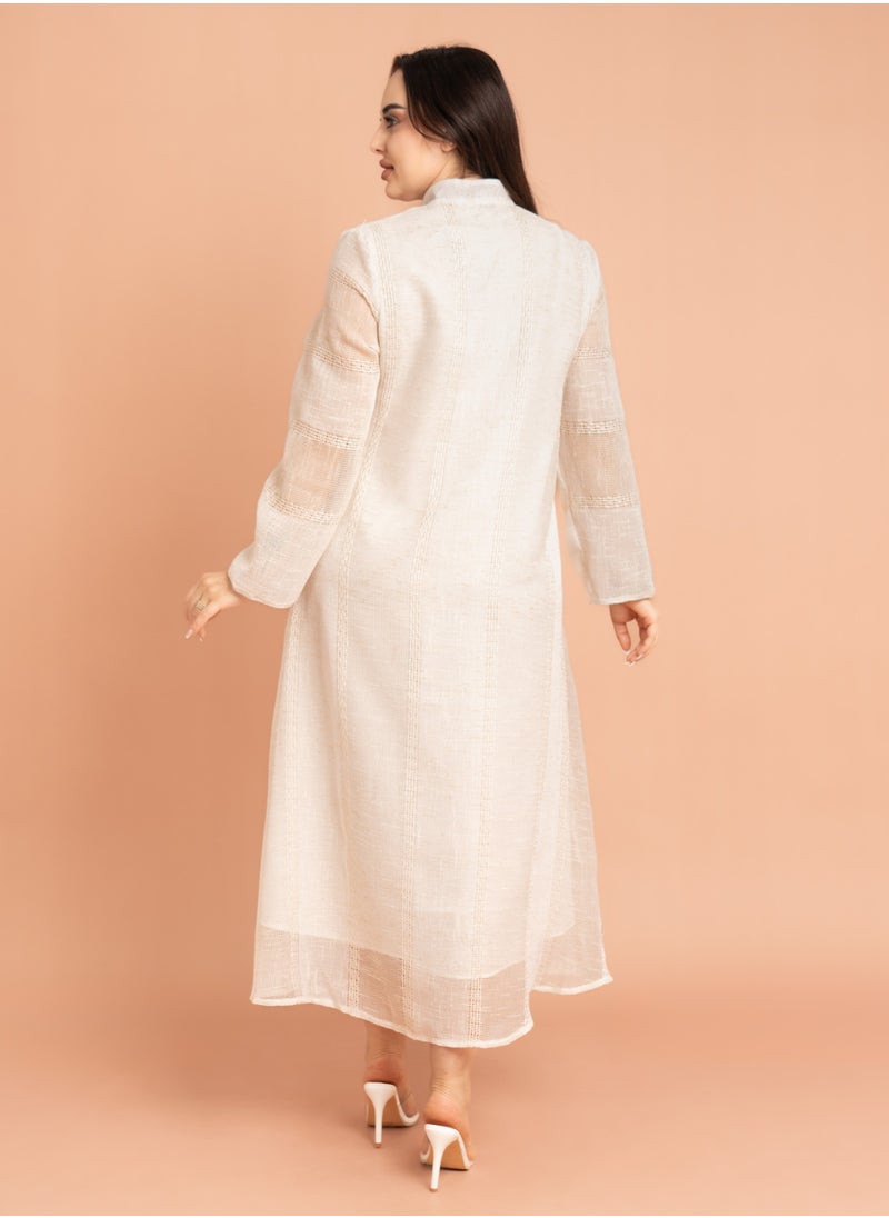 Mandarin Collar Crystal Embroidery Jalabiya Beige