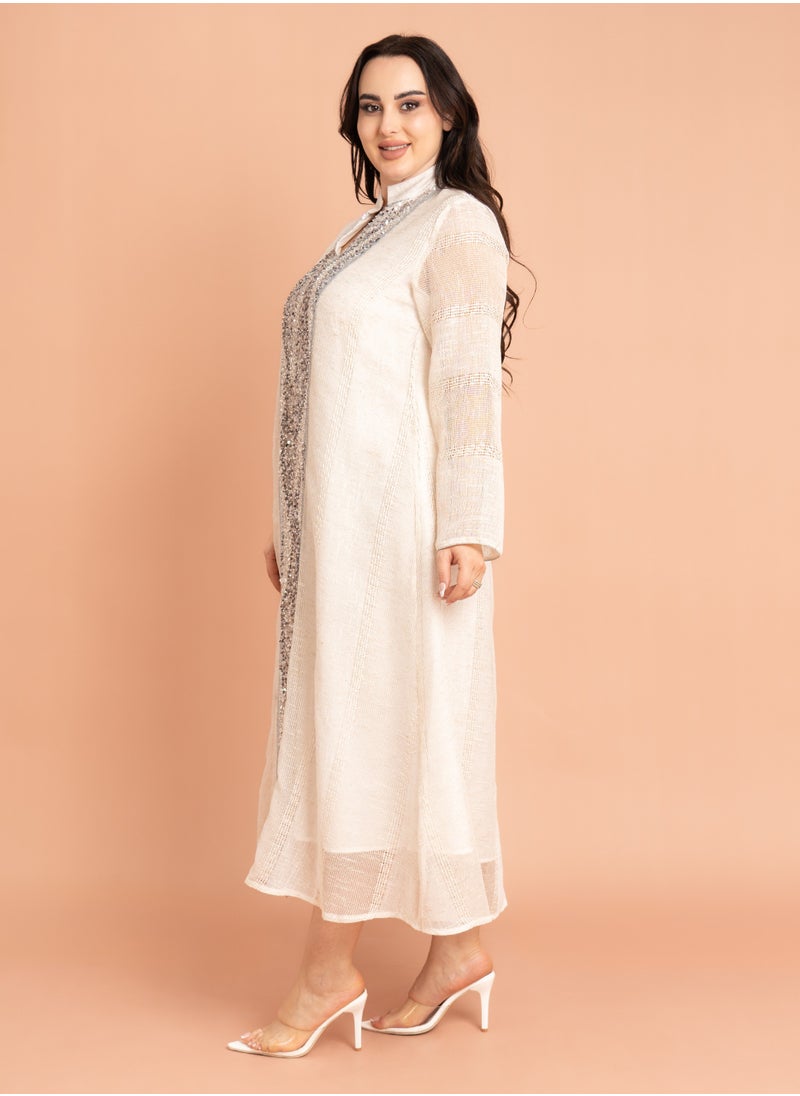Mandarin Collar Crystal Embroidery Jalabiya Beige