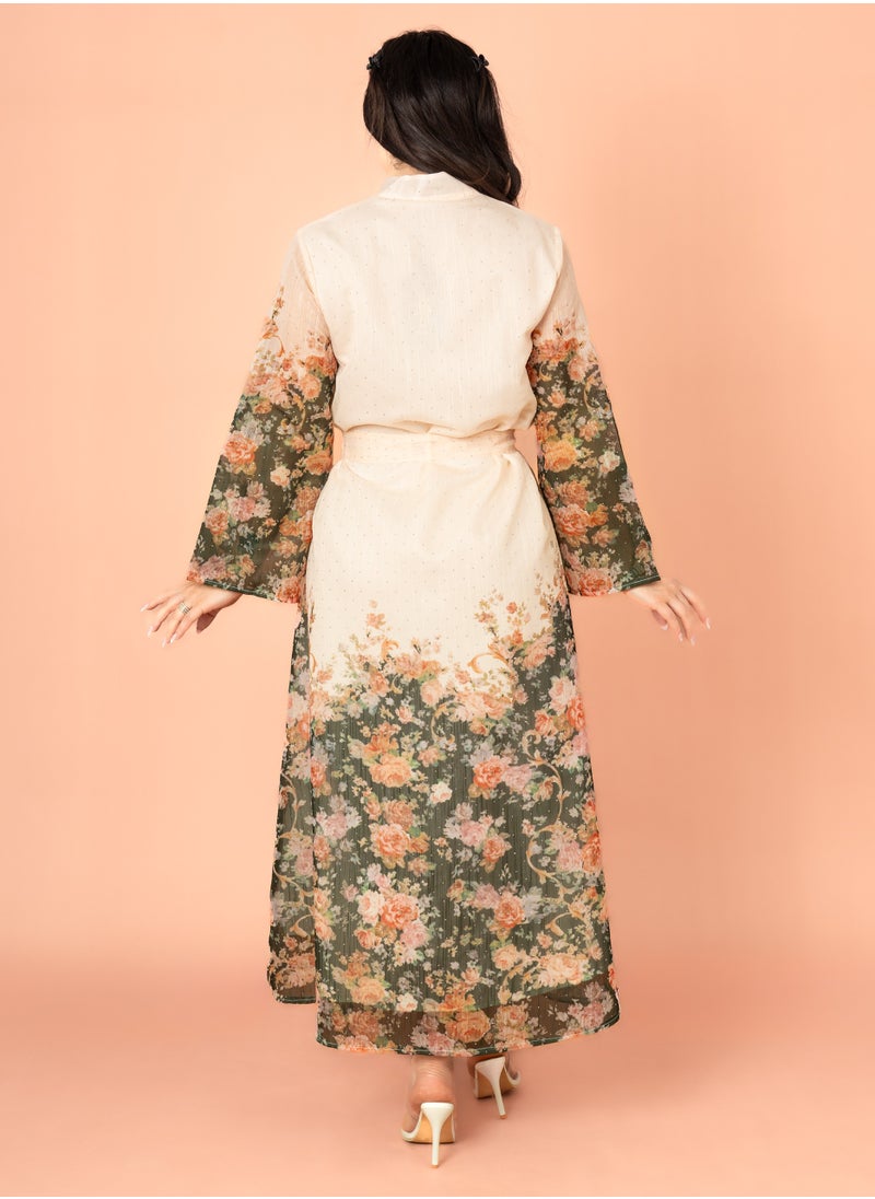 Floral Belted Embroidery Jalabiya Green