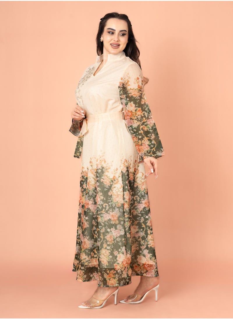 Floral Belted Embroidery Jalabiya Green