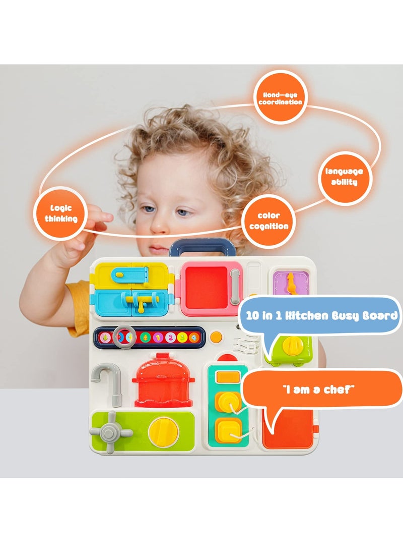 Kitchen Busy Board for Toddlers 1-3, Light Up Musical Travel Toy for 12-18 Months, Montessori Sensory Toy for Fine Motor Skills, Car Seat Toy, Ideal Gift for 1-2 and 2-4 Year Olds