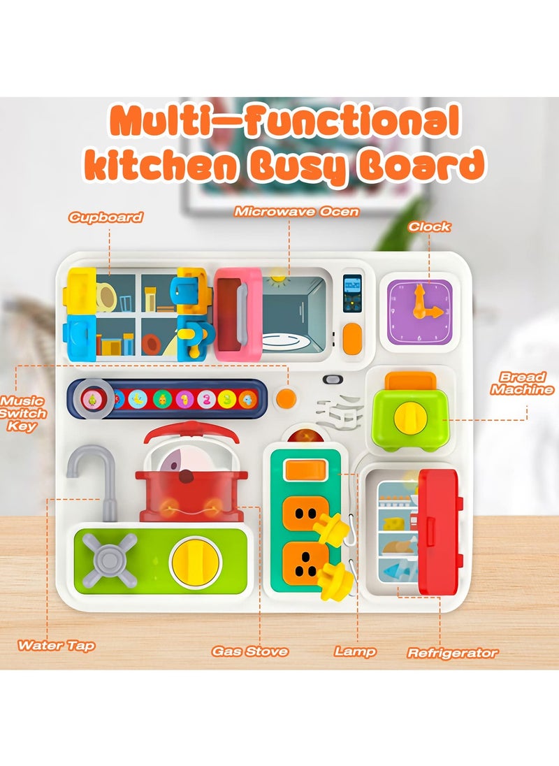 Kitchen Busy Board for Toddlers 1-3, Light Up Musical Travel Toy for 12-18 Months, Montessori Sensory Toy for Fine Motor Skills, Car Seat Toy, Ideal Gift for 1-2 and 2-4 Year Olds