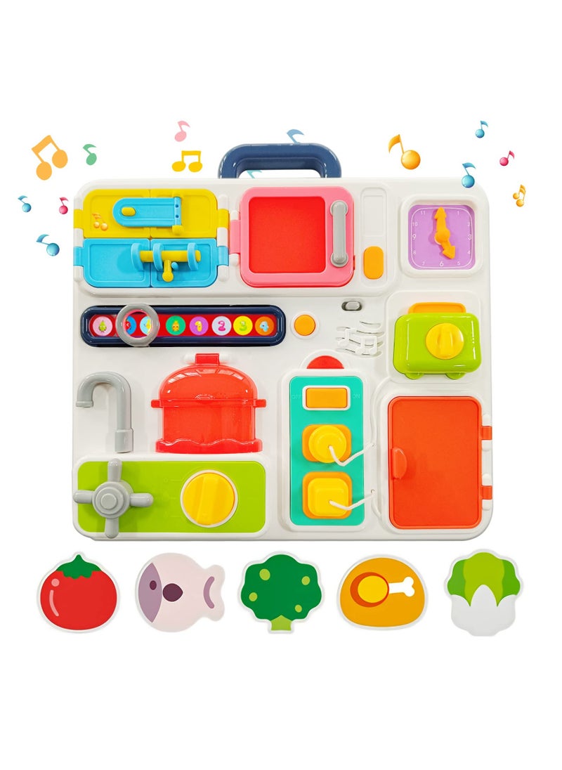 Kitchen Busy Board for Toddlers 1-3, Light Up Musical Travel Toy for 12-18 Months, Montessori Sensory Toy for Fine Motor Skills, Car Seat Toy, Ideal Gift for 1-2 and 2-4 Year Olds
