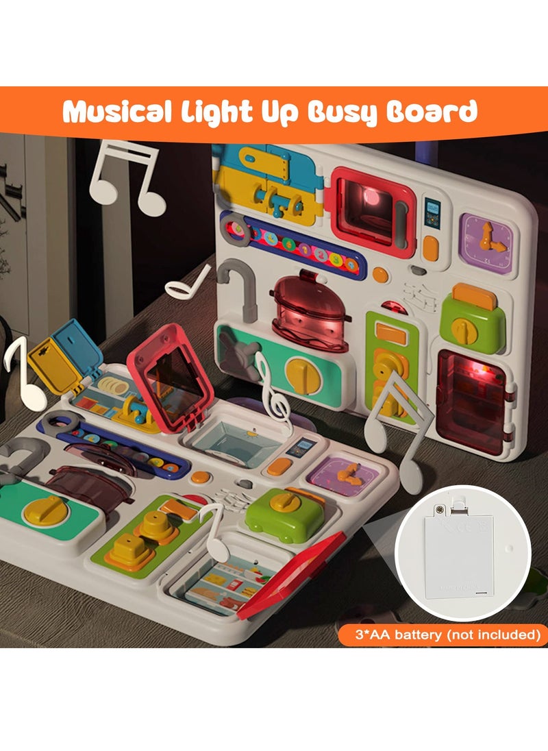 Kitchen Busy Board for Toddlers 1-3, Light Up Musical Travel Toy for 12-18 Months, Montessori Sensory Toy for Fine Motor Skills, Car Seat Toy, Ideal Gift for 1-2 and 2-4 Year Olds