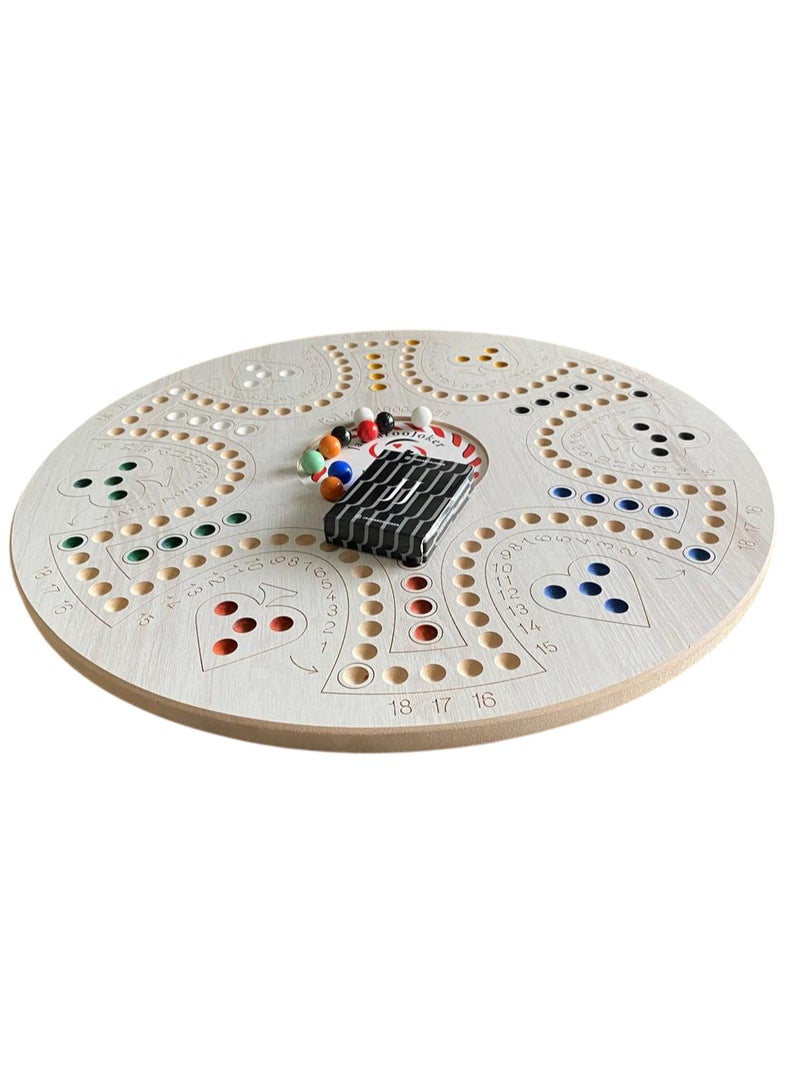 Wooden coloered Jackaroo Board Game Set, Double-Sided 4-6 Players, with Marbles and Cards, colored jakaroo board game (White-Beige)