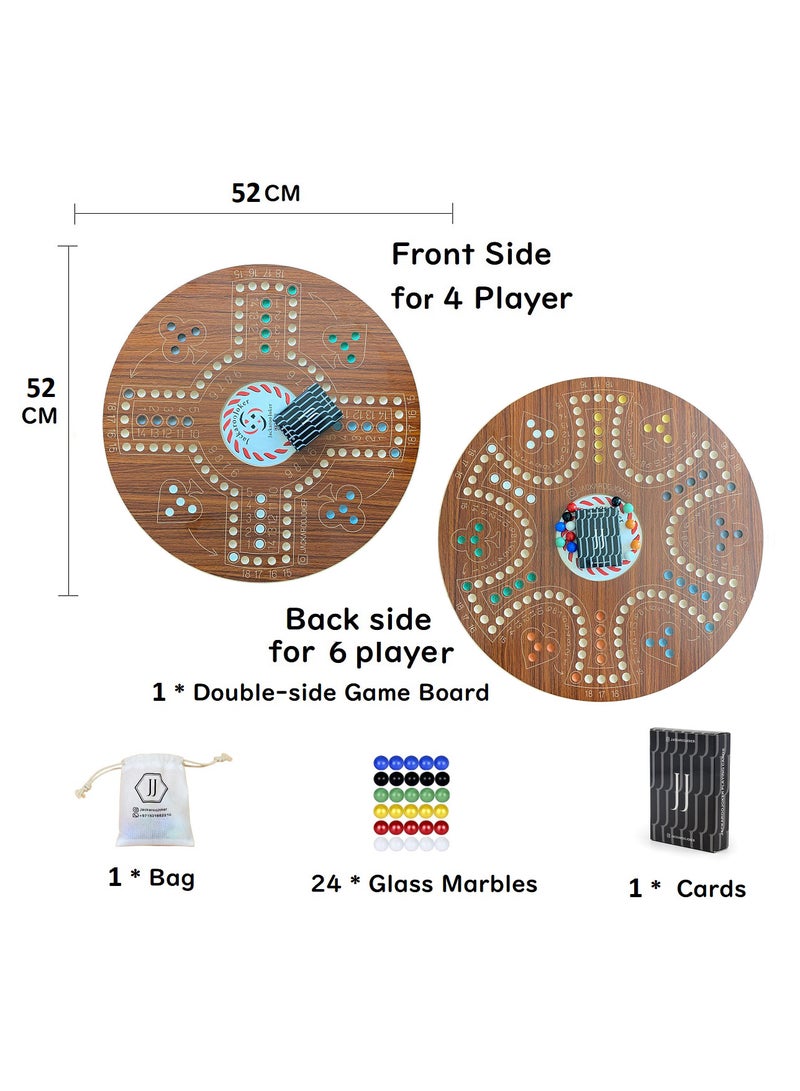 Jackaroo Joker Double-Sided Board Game, 4-6 Players, Wooden Board with Marbles and Cards -Brown