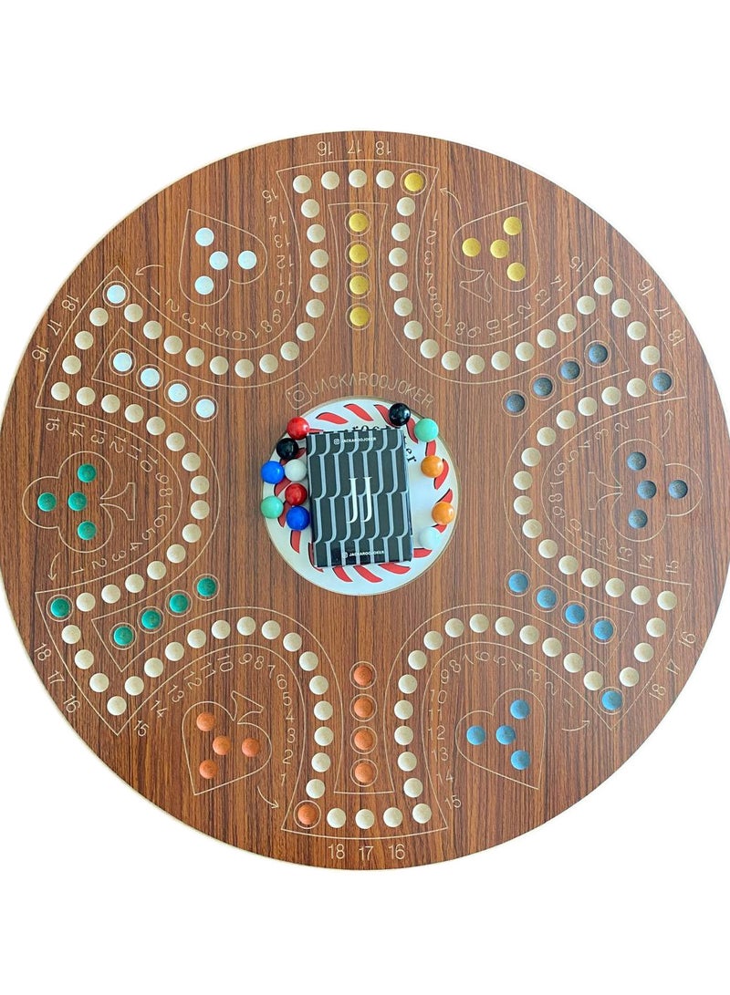Jackaroo Joker Double-Sided Board Game, 4-6 Players, Wooden Board with Marbles and Cards -Brown