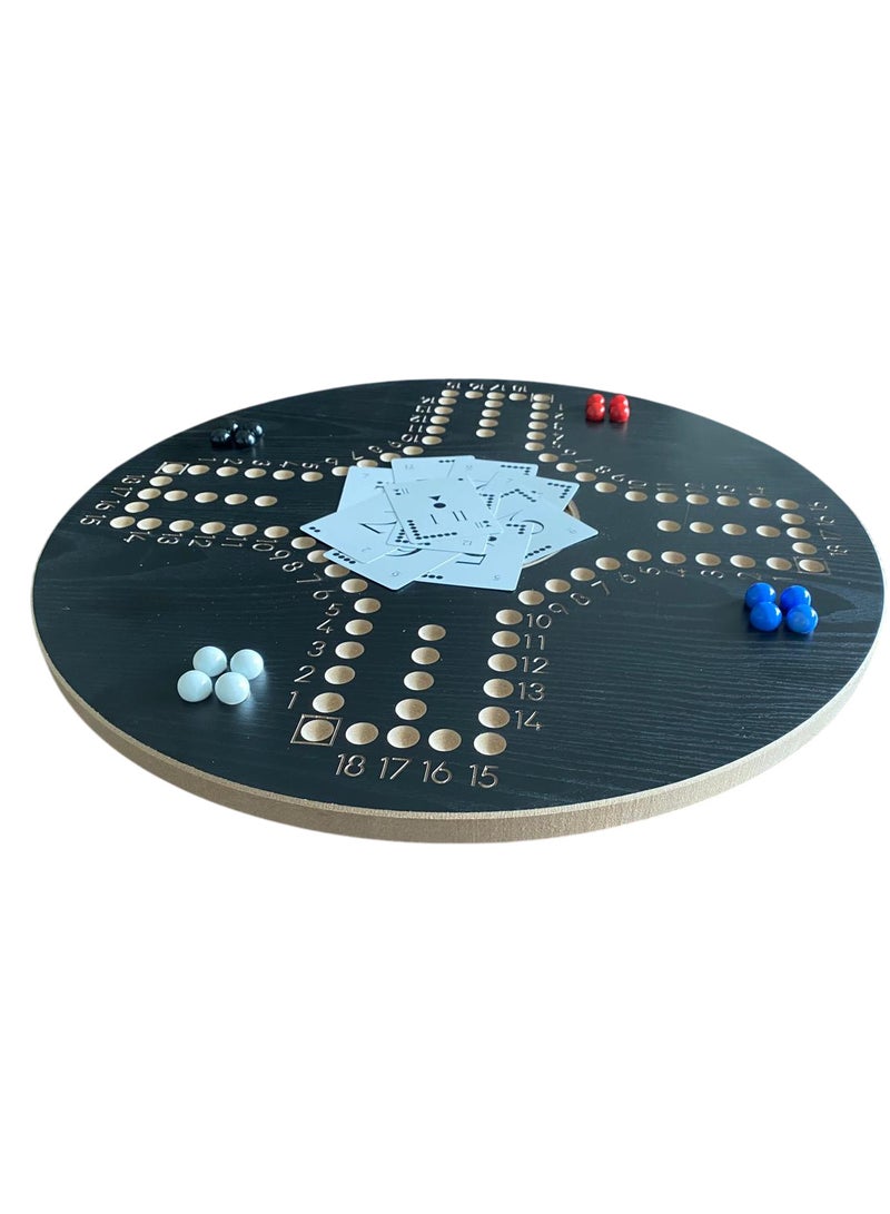 Jackaroo Board Game Set with Carrying Bag, 4 Player Wooden Board, Marbles and Cards- black