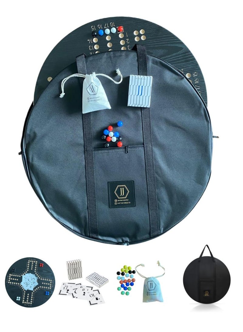 Jackaroo Board Game Set with Carrying Bag, 4 Player Wooden Board, Marbles and Cards- black