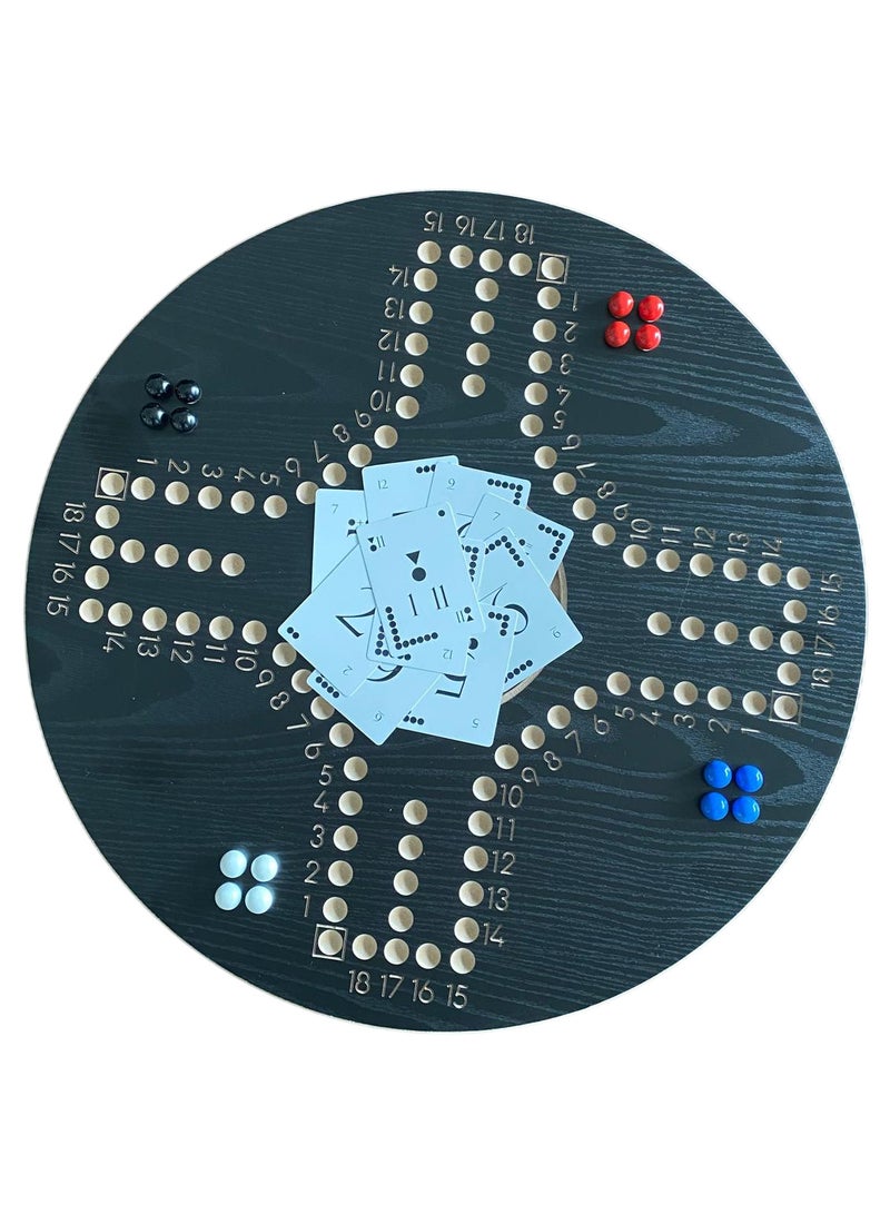 Jackaroo Board Game Set with Carrying Bag, 4 Player Wooden Board, Marbles and Cards- black